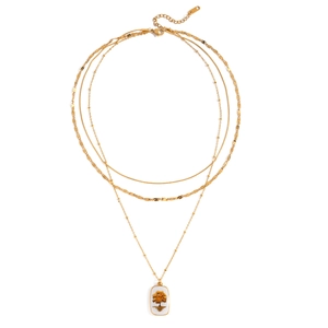 Collier triple rang en acier inoxydable plaqué or 18 carats avec pendentif carré