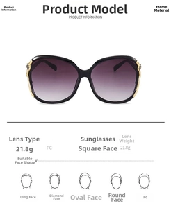 Detailed specs of oversized sunglasses with PC material and purple gradient lenses