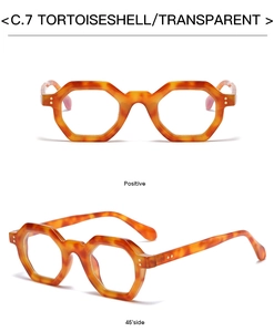 Detailed views of tortoiseshell geometric hexagonal glasses frame from front and side angles