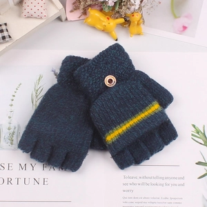 Navy blue knitted flip top convertible fingerless mittens with yellow ribbing and button