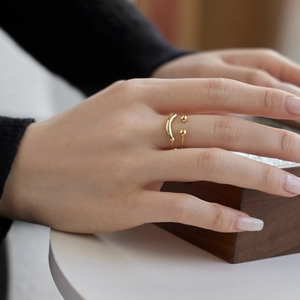 Minimalist gold S925 sterling silver double-layer open ring with hollow smiley design