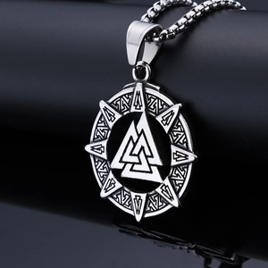 Silver stainless steel Viking Valknut pendant necklace with rune circle and bead chain