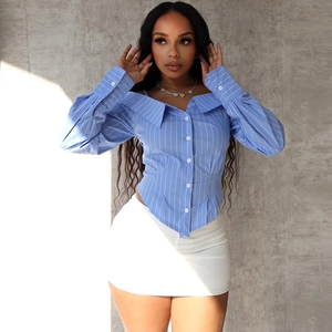 Blue and white striped off-shoulder long sleeve shirt with front button closure