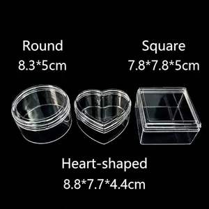 Transparent plastic storage boxes in round, square and heart shapes with lids