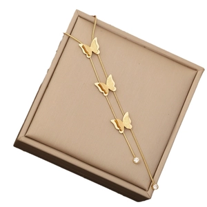 Golden butterfly necklace with frosted pendants and tassels on stainless steel link chain