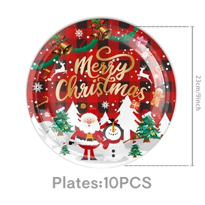 Close-up of 10-piece set 9-inch red buffalo plaid Merry Christmas paper dinner plates