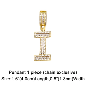 Macro shot of gold-plated letter I pendant featuring micro-pave white zircon stones