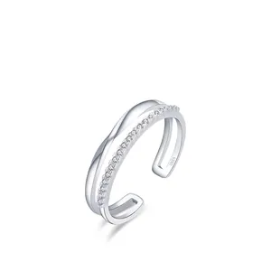 S925 sterling silver double-layered open ring with sparkling cubic zirconia pavé setting