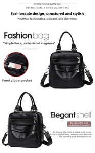 Detail view of black soft leather backpack showing front zipper pocket and pebbled texture