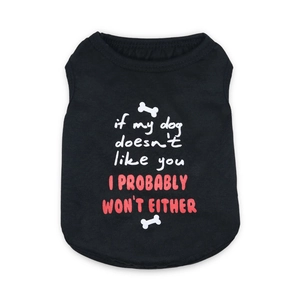 Détail du gilet noir pour chien avec motif d'os et slogan en anglais humoristique