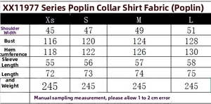 Size chart with measurements in cm for women's poplin tie shirt, from XS to L