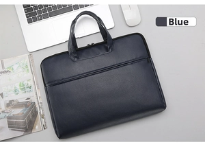 Detailed 45-degree view of a blue business laptop bag on a professional office desk