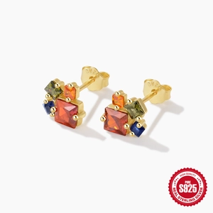 S925 sterling silver geometric drop earrings with vibrant multi-colored square zircons
