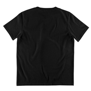 Detailed back view of a high-quality black cotton short-sleeve T-shirt in flat lay style