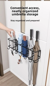 Detail of wall-mounted black metal umbrella rack showing hooks and storage compartments
