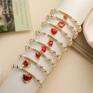 Red Enamel Heart Charm Bracelet With Imitation Artificial Pearl And Copper Beads Elastic Sweet Romantic Fashion Jewelry For Women