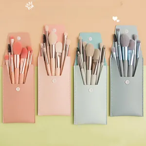 Detail view of 8pcs portable makeup brush set in four colors with matching storage cases
