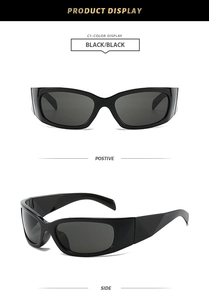 Vues de face et de côté de lunettes de soleil noires style Y2K avec large monture