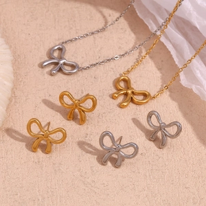 Bowknot Pendant Necklace And Stud Earrings Stainless Steel Gold Plated Chic Niche Jewelry For Women