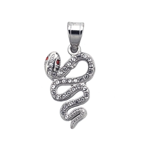 Iced out silver cobra snake pendant with red stone eyes and crystal rhinestones
