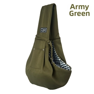 Detail view of army green canvas pet carrier bag showing metal rivets and cat series label