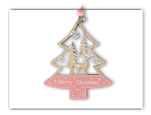 Décoration sapin en bois rose avec renne évidé et inscription Merry Christmas