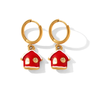 Boucles d'oreilles créoles en acier plaqué or 18k avec breloques maison rouge