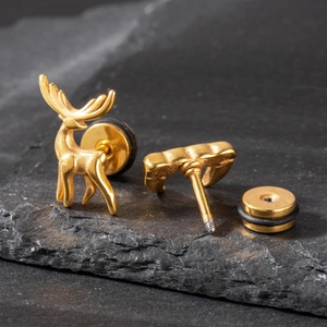 Mens vintage golden elk stud earrings in cast stainless steel on black stone background
