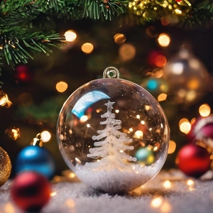Clear plastic Christmas ornament ball featuring a frosted white mini tree and faux snow