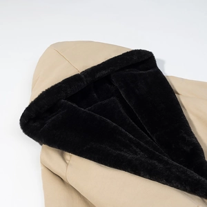 Khaki hooded jacket featuring soft black faux fur lining and windproof fabric detail