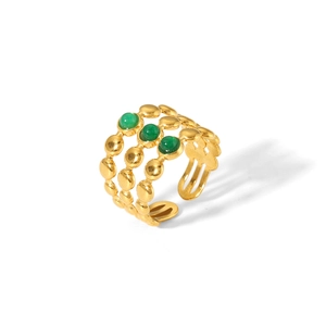 Macro shot of triple-layer 18k gold-plated ring with three green malachite zircons