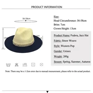 Two-tone straw jazz hat in beige and navy blue with pearl chain for beach sun protection