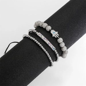 Three-piece silver bead bracelet set with colorful zircon bar and Hamsa hand charm