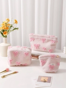 Plush Makeup Bag Soft Fleece Cosmetic Storage Case With Bow Flower Decor Portable Travel Organizer Sweet Girl Style