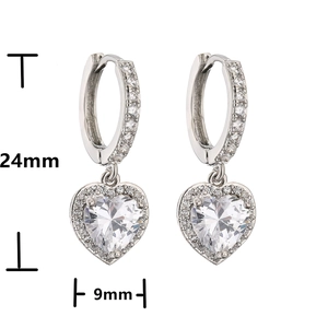 Silver micro-pave heart dangle hoop earrings with 24mm height and 9mm width dimensions