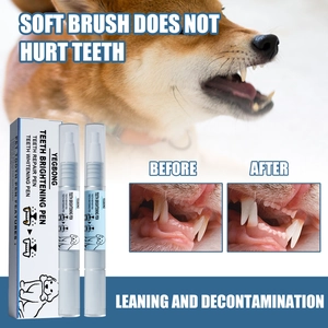 Pet teeth whitening pen set showing real product and before-after cleaning results