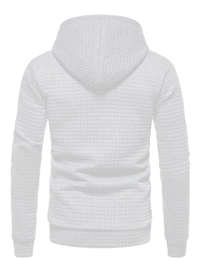 Rear view of white hooded sweatshirt showing textured waffle knit fabric and clean design