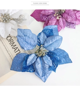 Fiori di Natale artificiali glitterati in argento, blu e viola con intaglio