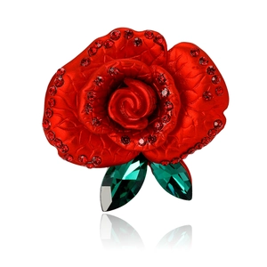 Vintage red enamel rose brooch with crystals for women suits and evening dresses