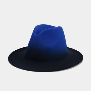 Detail of blue and black gradient wool fedora hat with a pinched crown and flat brim