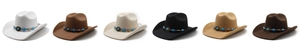 Row of colorful wool cowboy hats featuring turquoise beads and ethnic style metal bands