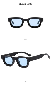 Front and side views of chunky black sunglasses with light blue transparent lenses