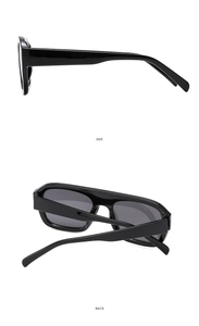 Side and back view of trendy black aviator sunglasses with dark grey lenses and frames