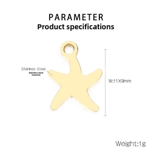 Macro detail of 11x9mm gold stainless steel starfish charm with size measurements