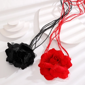 Elegant chiffon large flower belt set in red and black with stylish long tassels