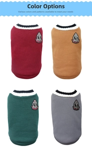 Detail showing knit dog vests in burgundy, camel, green, and grey with V-neck stripes