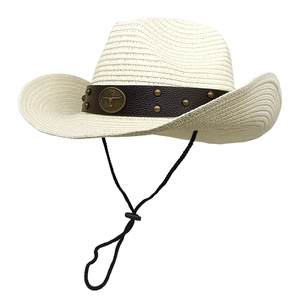 Breathable straw cowboy sun hat with bull head emblem and adjustable wind lanyard