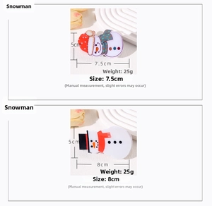 Detail showing colorful snowman hair claw clips with size measurements on a tray