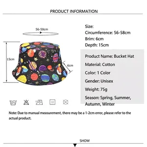 Starry universe print cotton bucket hat with size specifications and detailed dimensions