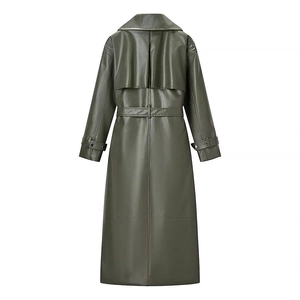 Long manteau en cuir PU vert foncé avec ceinture dorsale et coupe-vent